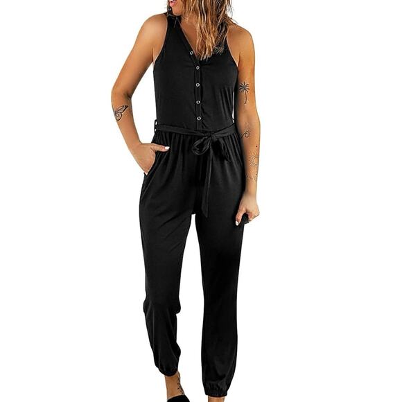 Jumpsuit for Women Sleeveless Crewneck‎ Tie Waist Long Pants Romper with Pockets - Picture 1 of 6